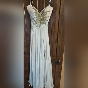 Mac Duggal Pale Blue Strapless Evening Gown with Gold Beading